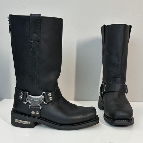 Milwaukee Mens Harness Motorcycle Boots Black Back Zip Up Studded Size 8D - Picture 1 of 14